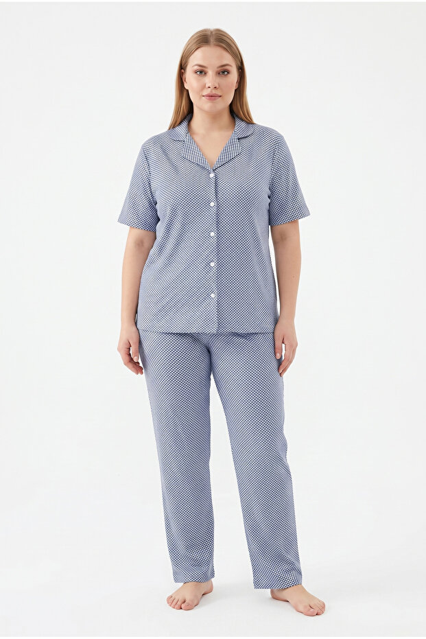 Summer women's lycra polka dot button-down pajama set