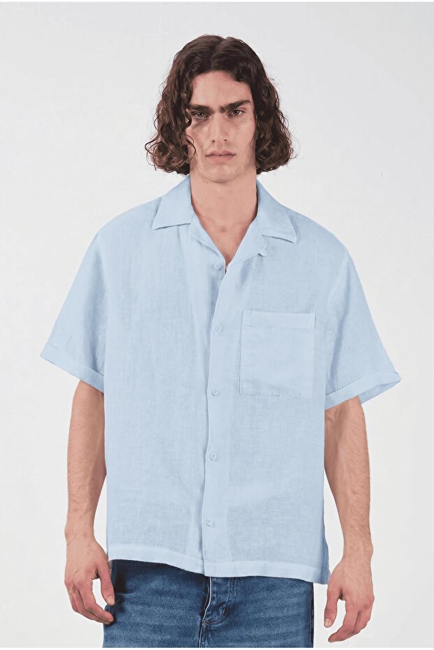 Short Sleeve Blue Linen Shirt with Pockets
