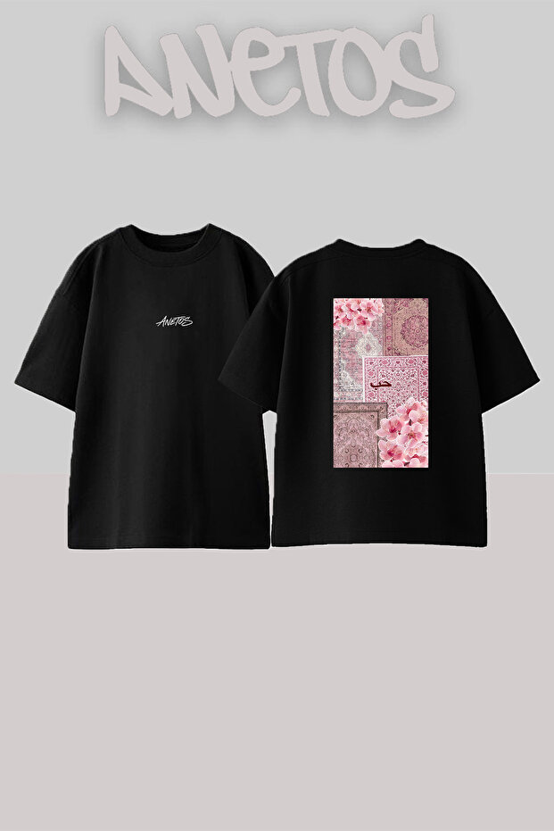 Hubb Pink Hali Design Back Printed Cotton Black Oversize T-Shirt
