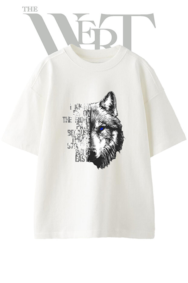 Blue-Eyed Wolf Design Printed Unisex White Oversize T-Shirt
