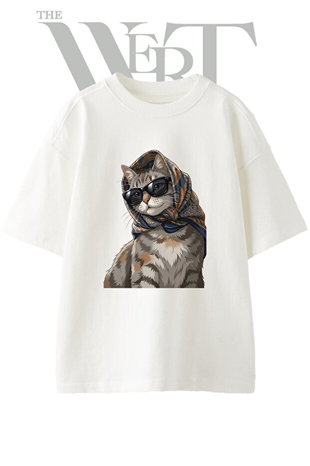 Cat Babushka Glasses Design Printed Unisex White Oversize T-Shirt