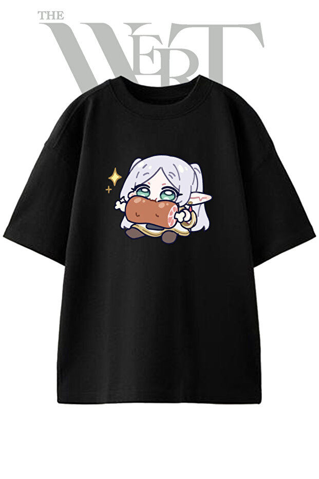 Frieren Chibi Design Printed Unisex Black Oversize T-Shirt