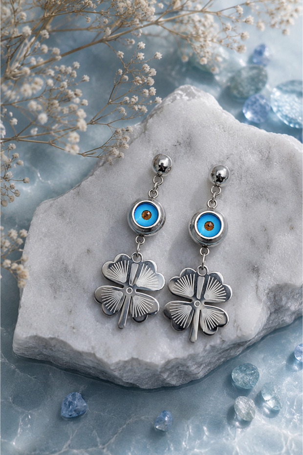 Nazarlı Clover Dangle Steel Earrings (Silver Color)