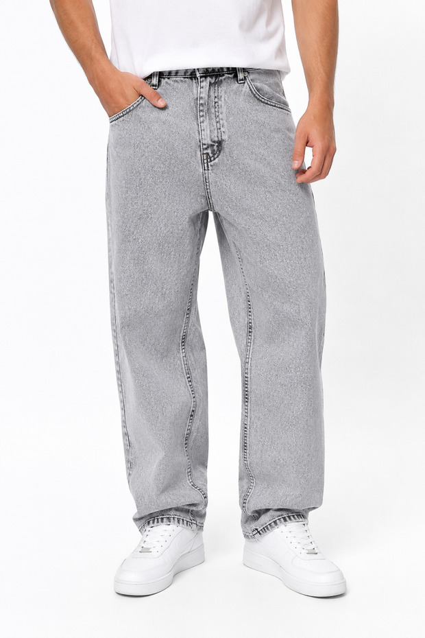 Men's Gray Buggy Jean Trousers Loose Fit Washed Denim Casual Comfortable Cut Jeans