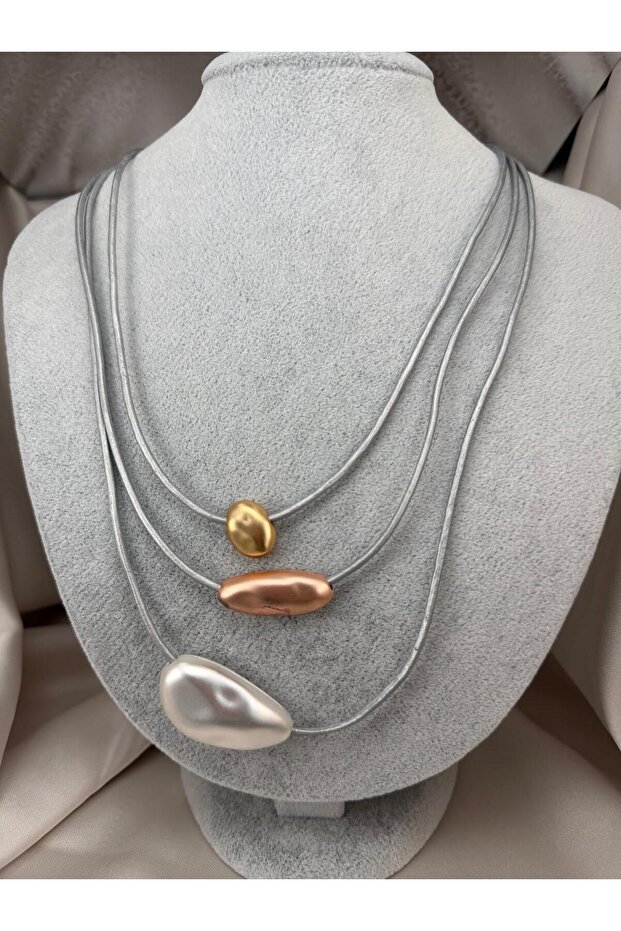 Women's Gray Leather String Multi-Layered Gold Rose Gold Silver Detailed Modern Design Statement Necklace