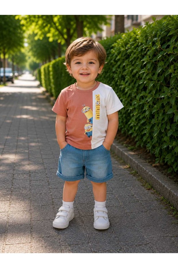 Baby Boy Minions Printed T-Shirt Pocket Denim Shorts 2-Piece Set