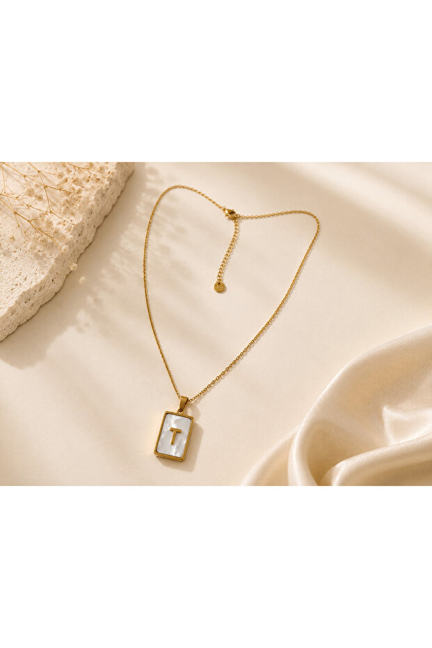 316L Steel Gold Letter t Rectangular Stone-Looking Necklace