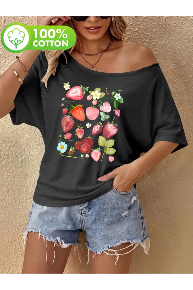 Women's Box Flower Printed Boat Neck Off Shoulder 100% Cotton T-Shirt
