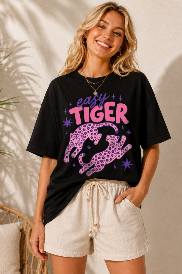 Easy Tiger Printed Crew Neck Casual Unisex Oversize T-Shirt - Leopard Themed Cotton T-Shirt