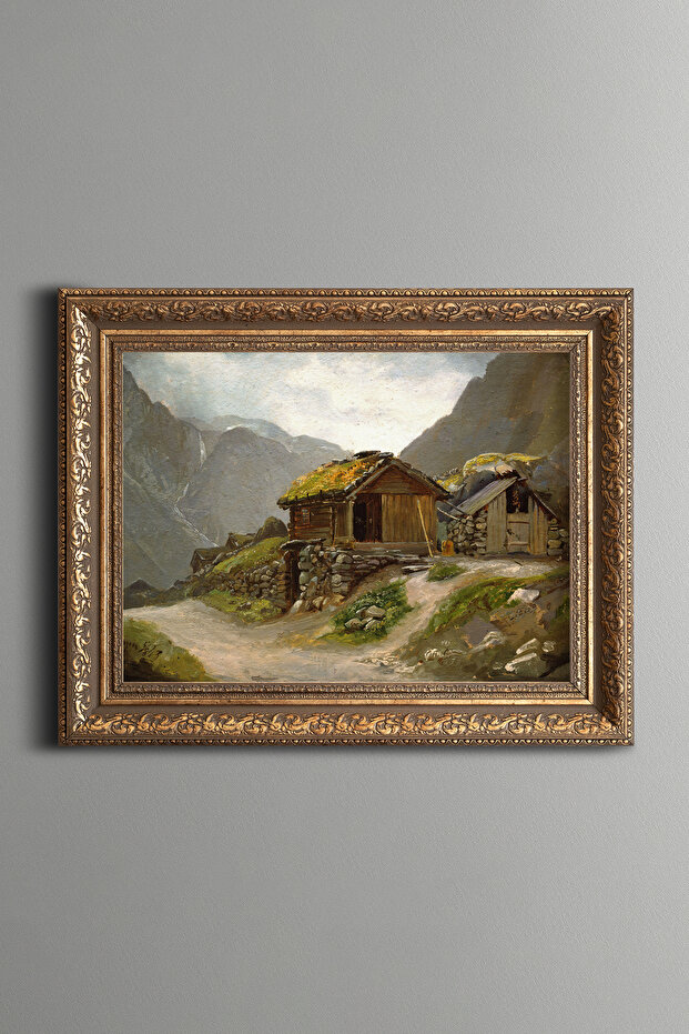 Mountain Houses Landscape - Vintage Patterned Painting - Thick Model