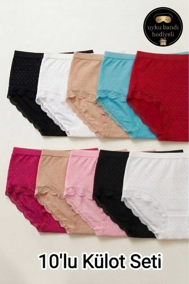 10 Pieces of Luxury 100% Cotton Plus Size Women's Panties - High Waist, Polka Dot Patterned Lace Lingerie - with Sleep Band Gift