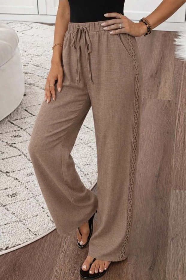 Women's High Waist Ornamental Lace-Up Side Lace Detail Long Trousers