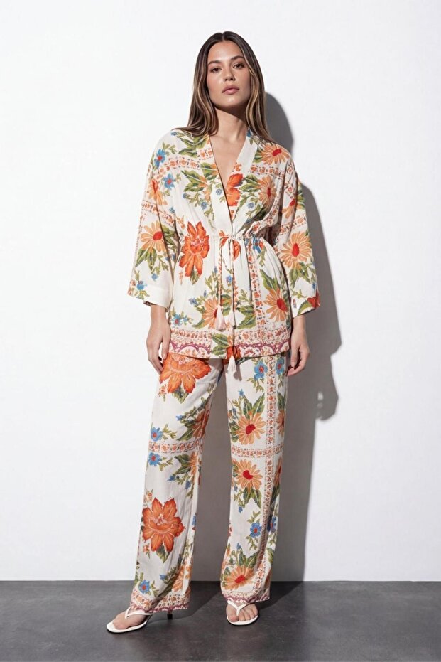 26Ypnt02124 Women's Patterned Trousers with Elastic Waist