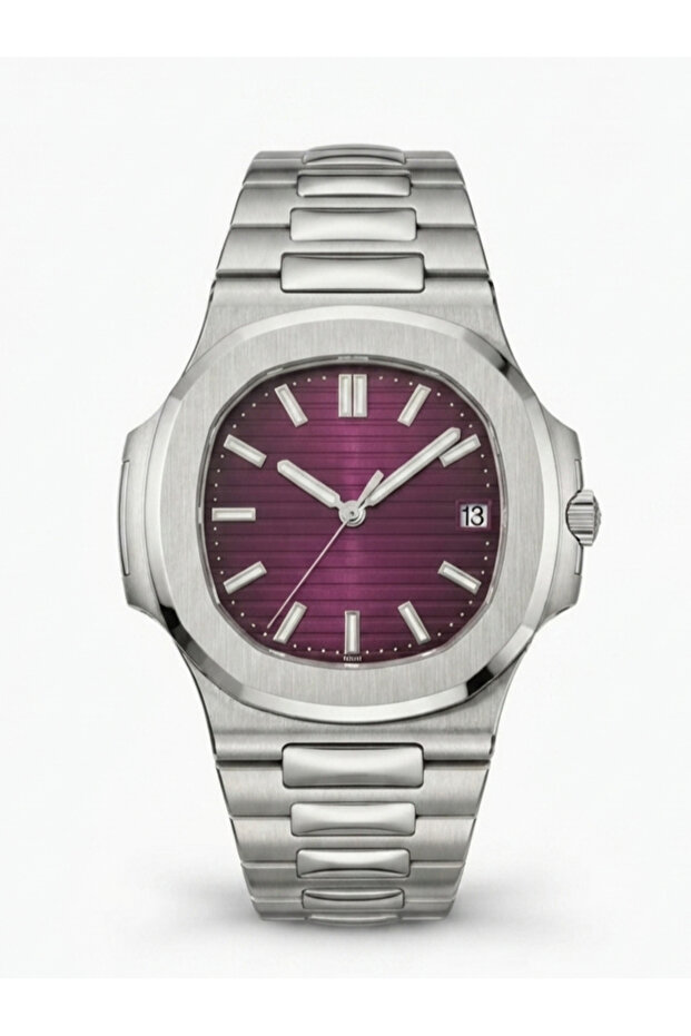 Nakse Patek Model Eşref Claret Red Dial Steel Men's Wristwatch