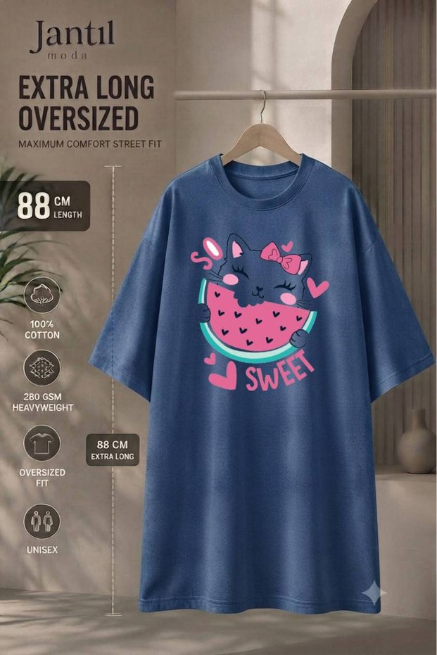Crew Neck Extra Long Oversize Tunic T-Shirt with Watermelon Eating Cat and so Sweet Writing, Short Sleeves