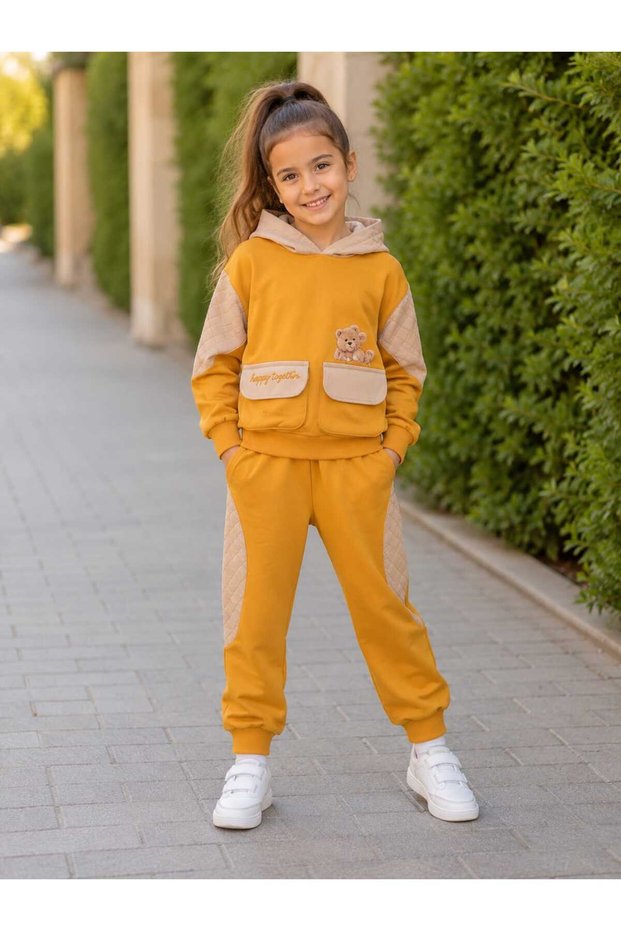 Girl's Hooded Teddy Bear Pocket 2-Piece Tracksuit Pajama Sports Set