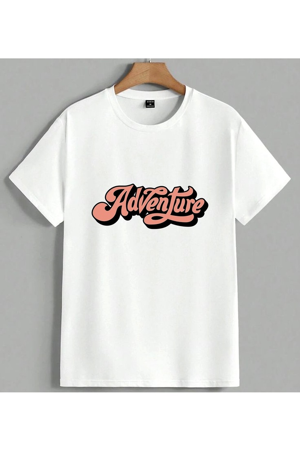 Adventure Lettering Art Pink Printed Unisex Oversize T-Shirt White