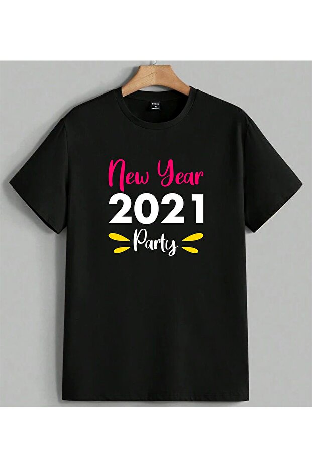 New Year Pink Text Eyes Printed Unisex Oversize T-Shirt Black