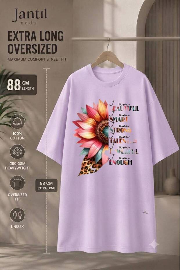Crew Neck Half Sunflower and Motivational Quotes Printed Extra Long Oversize Tunic T-Shirt Short Sleeve