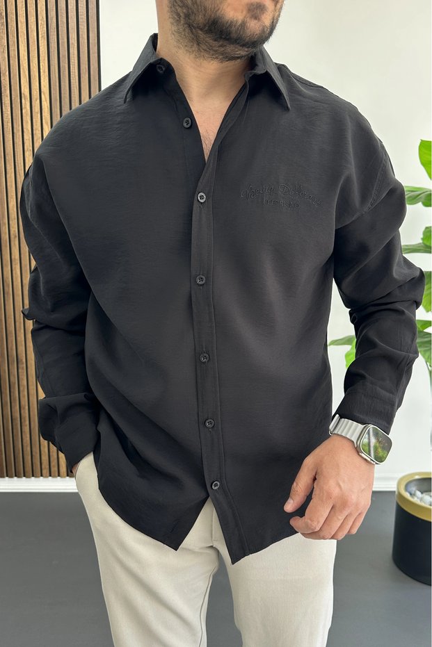 Men's Relaxed Fit Embroidered Detailed Shirt Black Edw495