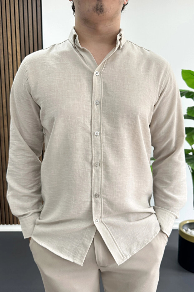 Men's Linen Blend Slim Fit Shirt Beige Edw499