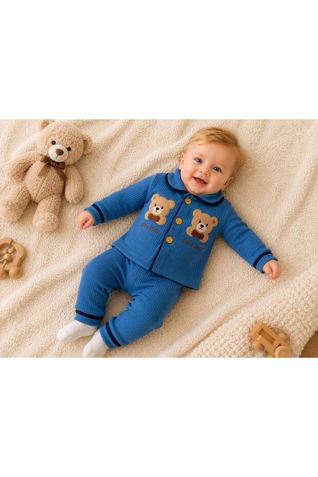 Baby Boy Soft Textured 2-Piece Pajama Set with Teddy Bear Embroidery, 100% Cotton