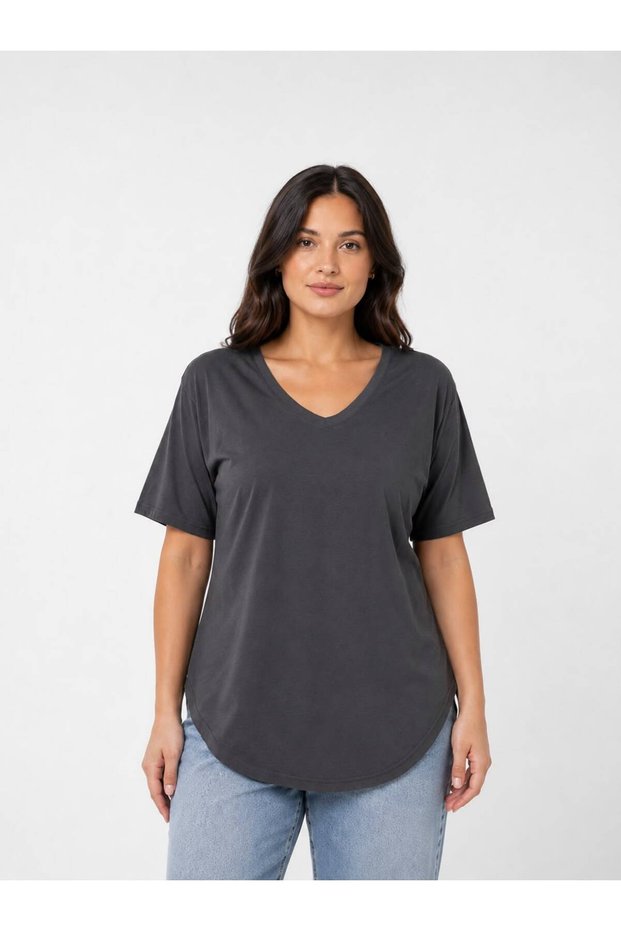 Women's Gray V-Neck Slit T-shirt