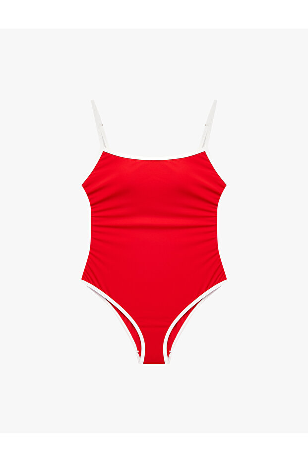 U-Neck Thin Straps Color Contrast Ribbed Swimsuit