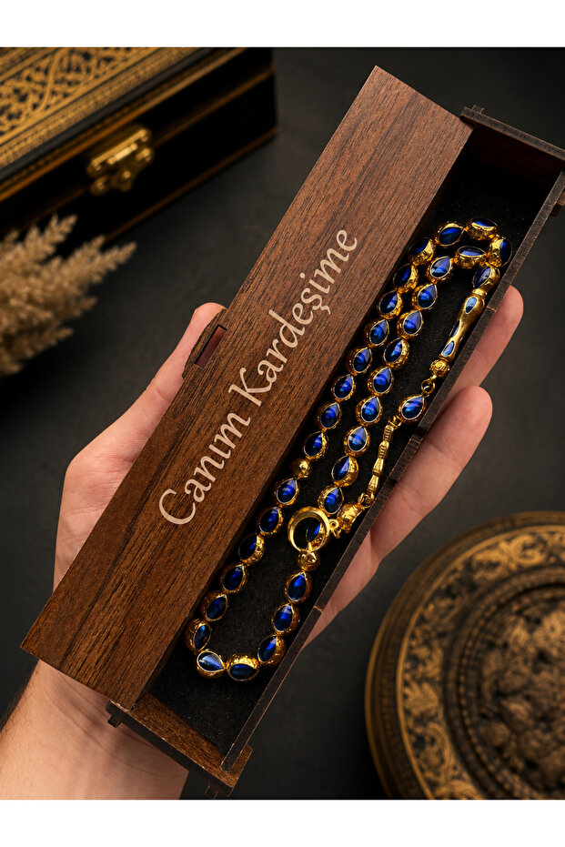 Special Word Written in Special Design on a Wooden Box, Navy Blue Enamel-Embellished Metal Prayer Beads, Gold Design Prayer Beads