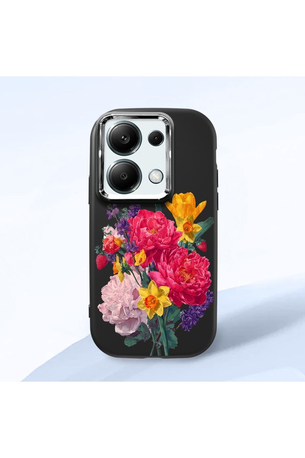 Poco M6 Pro 4g Compatible Case Camera Protector Black Silicone Couple Phone Case with Floral Pattern