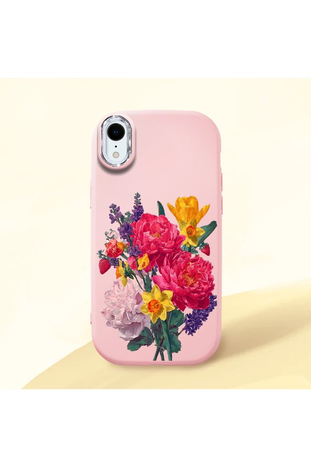 iPhone Xr Compatible Case Camera Protector Pink Silicone Couple Phone Case with Floral Pattern