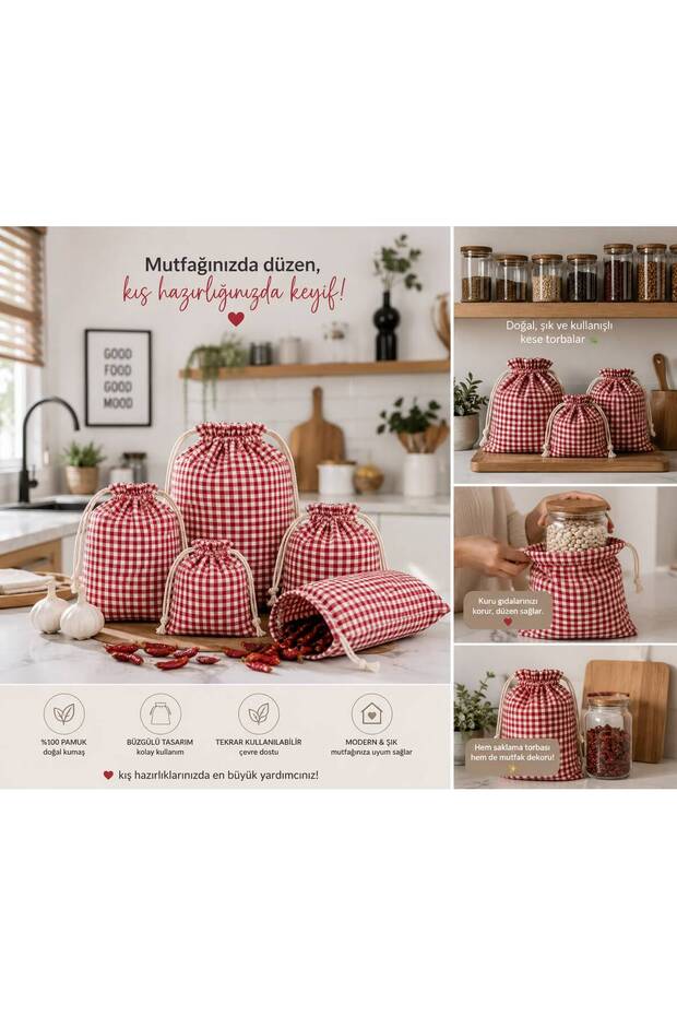 5Pcs Organizer Pouch Fruit Vegetable Bag Gingham Fabric