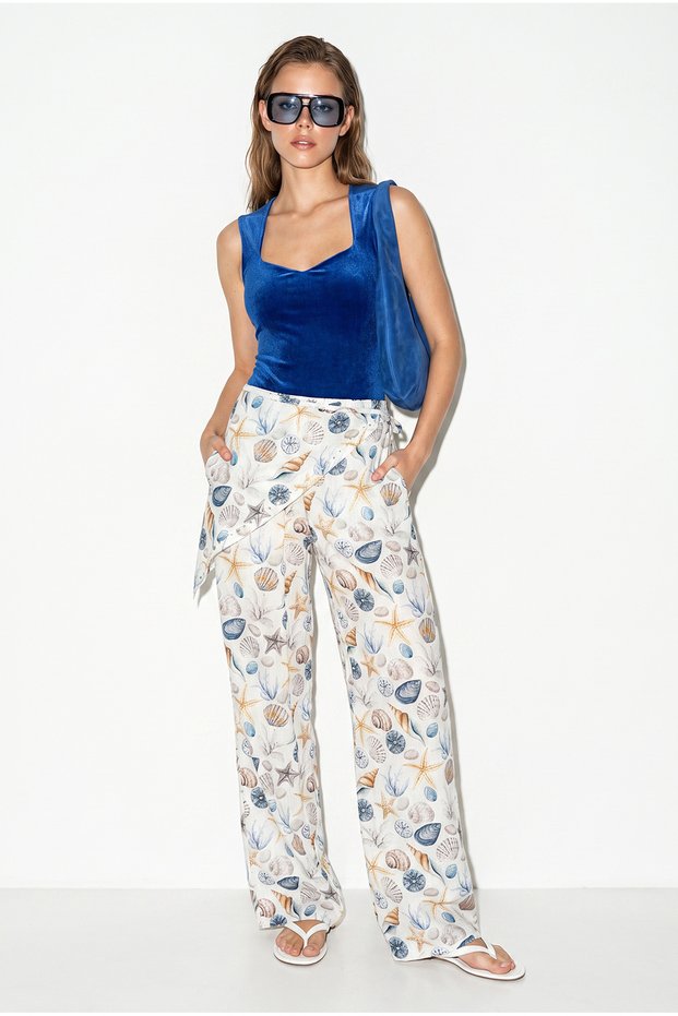 Women's White Blue Ocean Breeze Pattern Studded Scarf Accessory Elastic Waist Linen Trousers 5067 60286440