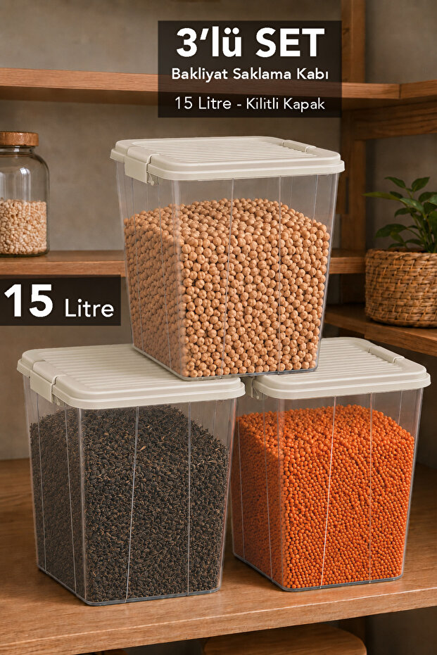 3-Piece 15Lt Deep Elora Storage Box - Multi-Purpose Lockable Lid Organizer Box Beige