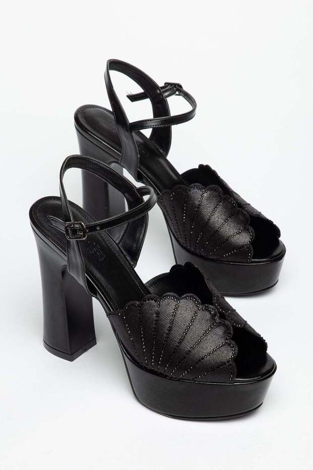 Black Women's Platform Heeled Evening Dress Shoes Leaf Model Stoned