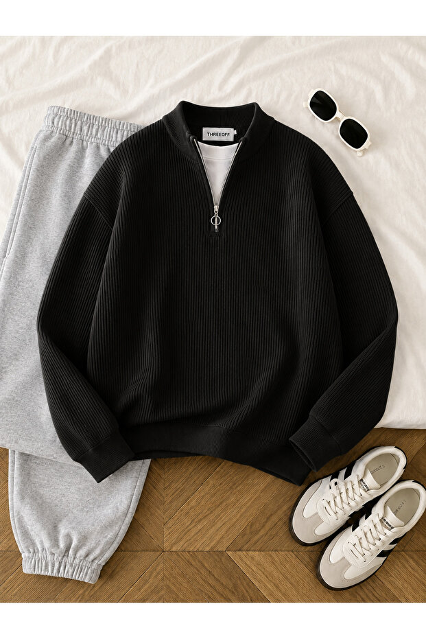 Men's Thessaloniki Knitted Half-Zip Knitwear Sweater High Collar Winter Thick Textured Modern Fit Premium