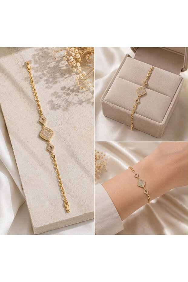 Zircon Stone Geometric Design Gold Color Steel Bracelet