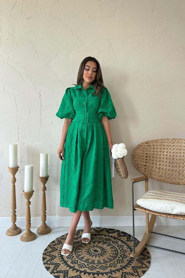 Women's Green Midi Shirt Collar Balloon Sleeve Belted Pleated Cotton Dress