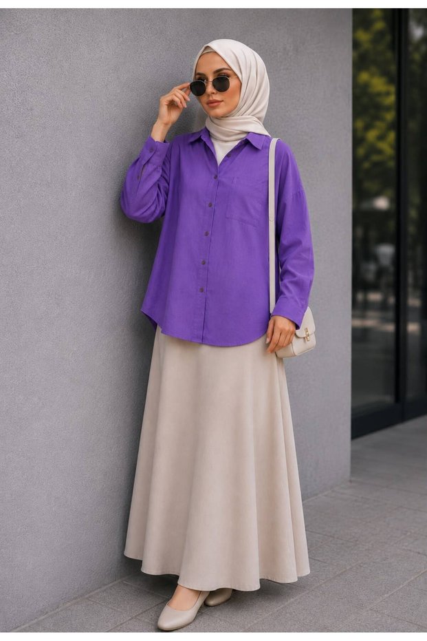 Purple Oversize Cotton Linen Shirt with Pockets Trendy Loose Drop Shoulder Women's