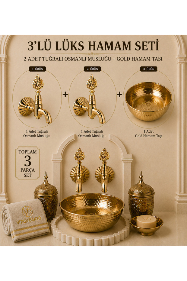 3-Piece Luxury Hammam Set 2 Pieces of Ottoman Faucet with Gold Monogram + Gold Hammam Bowl Brass Kurna Faucet Set