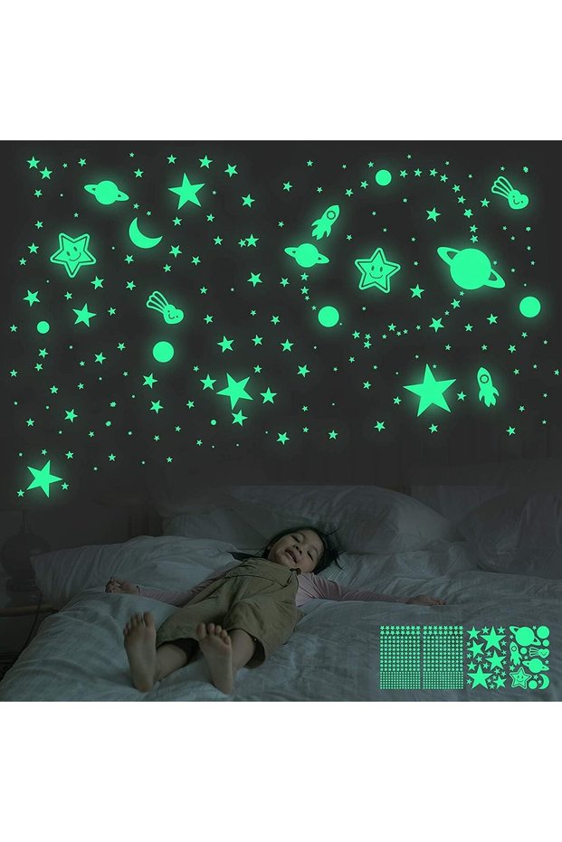 Glow in The Dark Stars Wall Stickers for Ceiling, 462 Pcs 3D Glowing Removable Self-Adhesive Wall Decals with Moon, Rocket and Planets for Girls Boys Kids DIY Bedding Room Bedroom Décor
