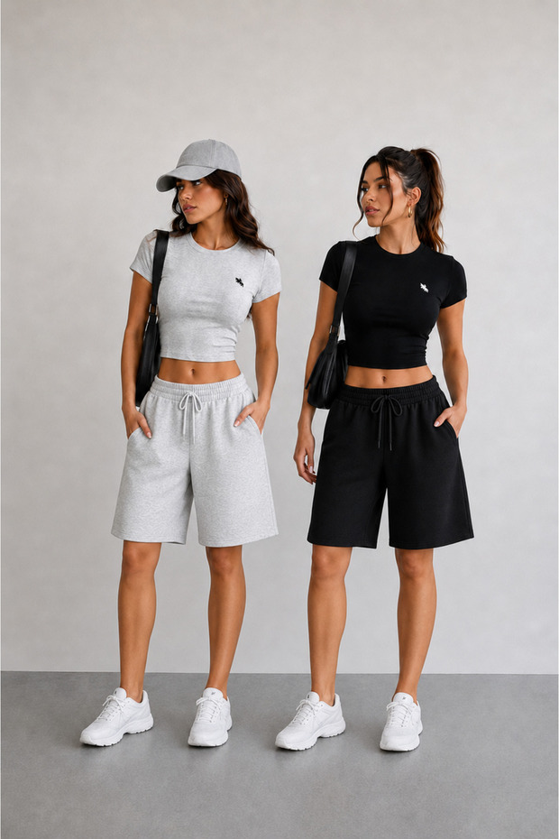 Double Black Gray Shorts Women's High Waist Elastic Waist Lace up Bermuda Oversize Sweat Shorts Set