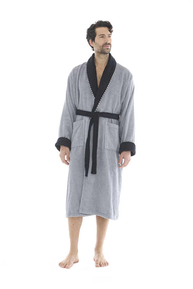 Zeus Şalyaka Men's Bathrobe - Ribbed Gray - Black Collar 100% Cotton