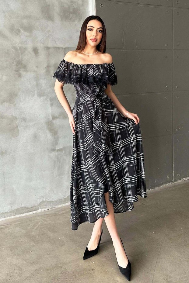 Women's Navy Blue Plaid Carmen Collar Lace Detailed Belted Midi A-Line Dress