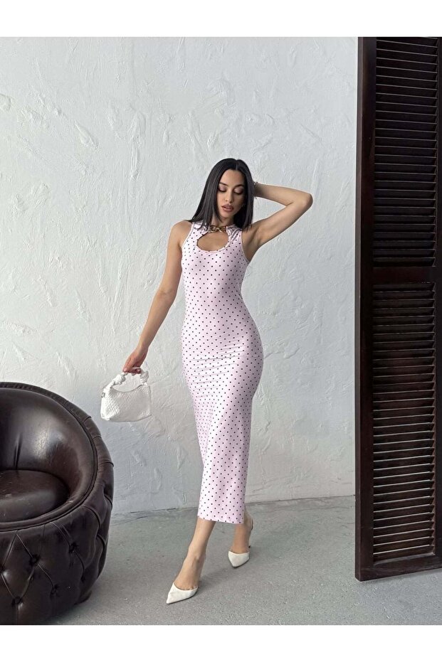 Women's Pink - Pink Polka Dot Sleeveless Keyhole Neckline Accessory Detailed Bodycon Maxi Dress