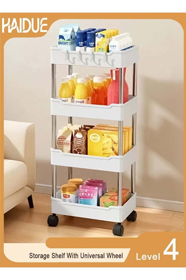 4 Level Kitchen Shelf White Storage Shelf With Universal Wheel For Easy Movement