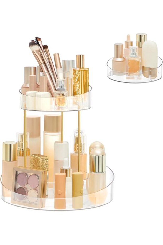 2-Tier Clear Rotating Makeup Organizer with Top Drawer, Round Cosmetics Storage