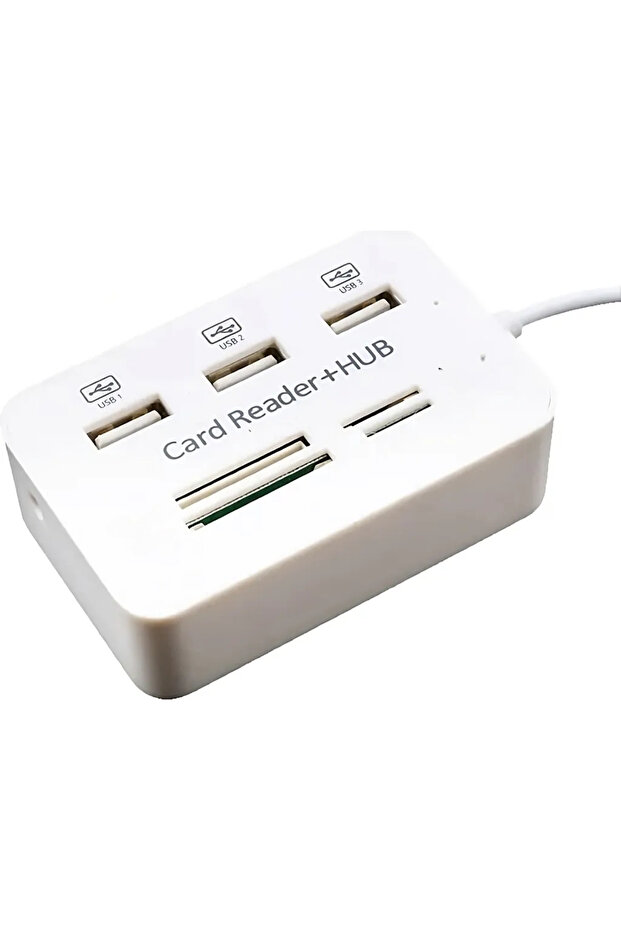 USB card reader with 3 USB ports, SD, Micro SD, SDHC, SDXC card reader splitter, compatible with PCs, tablets and smartphones.