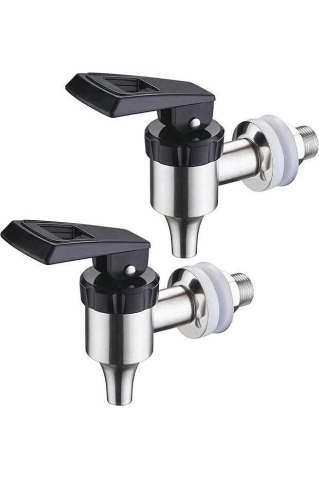 set of 2 beverage dispensers, made of stainless steel, with a 16mm beer tap, water dispenser, and replacement beverage dispenser taps.