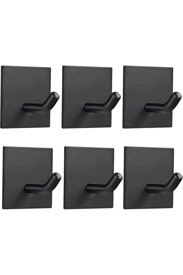 Six heavy-duty adhesive stainless steel hooks, suitable for kitchens, bathrooms, doors, towels, coats, keys, bathrobes (black).